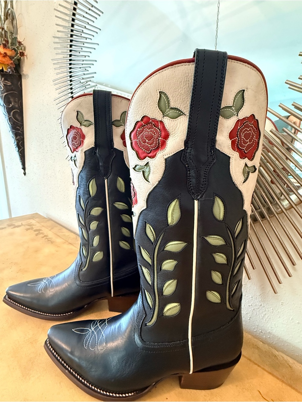 Tecovas Black Leather Women's Cowboy Boots with Red Rose Embroidery scarf. - Picture 10 of 16